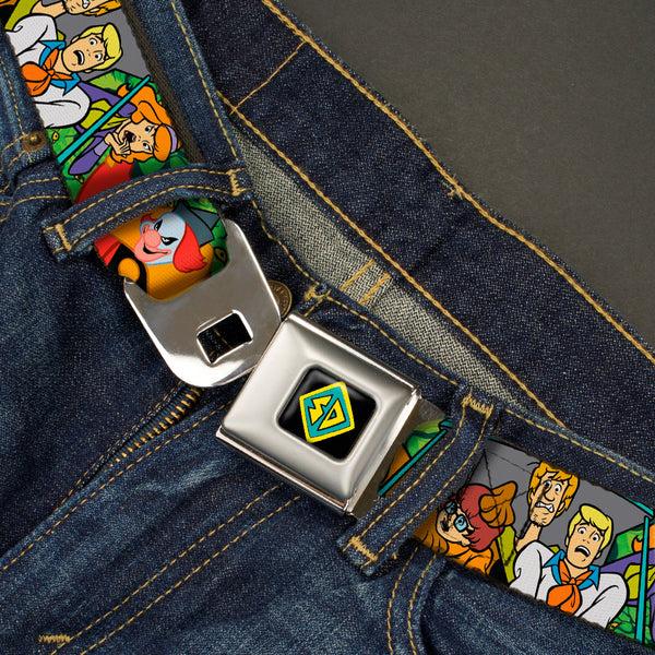Buckle Down SD Dog Tag Full Color Black Yellow Blue Seatbelt Belt - Scooby Doo Group W/Ghost Clown & Eyes Webbing