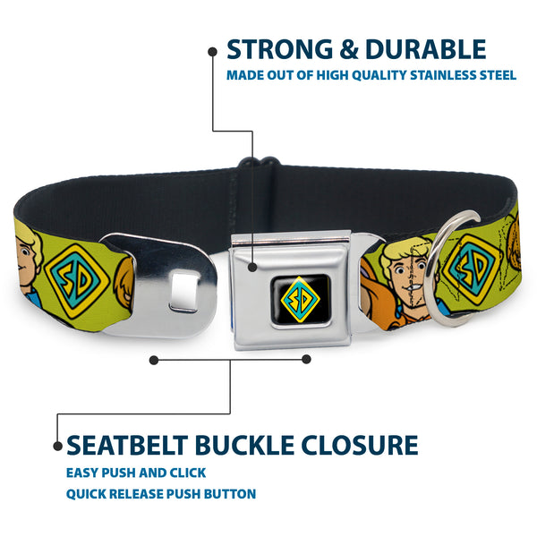 Buckle Down SD Dog Tag Full Color Black/Yellow/Blue Seatbelt Buckle Collar - Scooby Doo Character Faces Close-Up Green