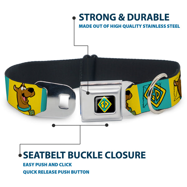 Buckle Down SD Dog Tag Full Color Black/Yellow/Blue Seatbelt Buckle Collar - Scooby Doo Pose And Dog Tag Blocks Yellow/Blue