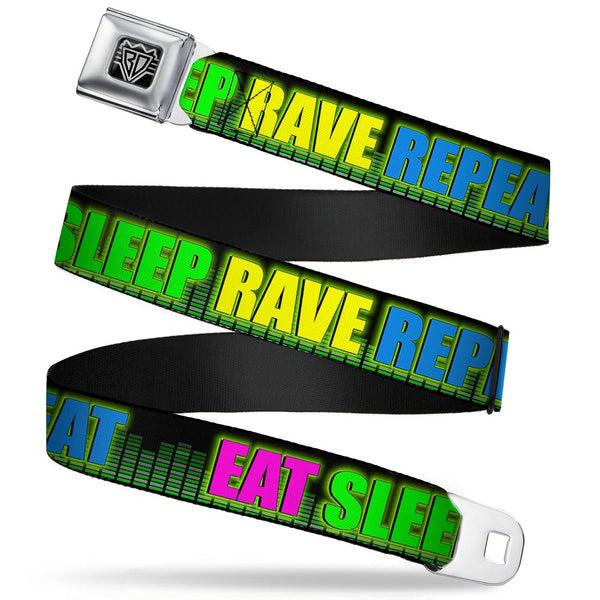 buckle down Seatbelt Belt - EAT SLEEP RAVE REPEAT Black/Multi Neon