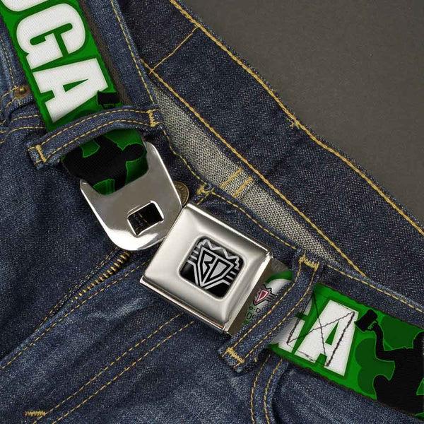 Buckle Down Seatbelt Belt - IRISH YOGA Poses/Clovers Greens/Black/White