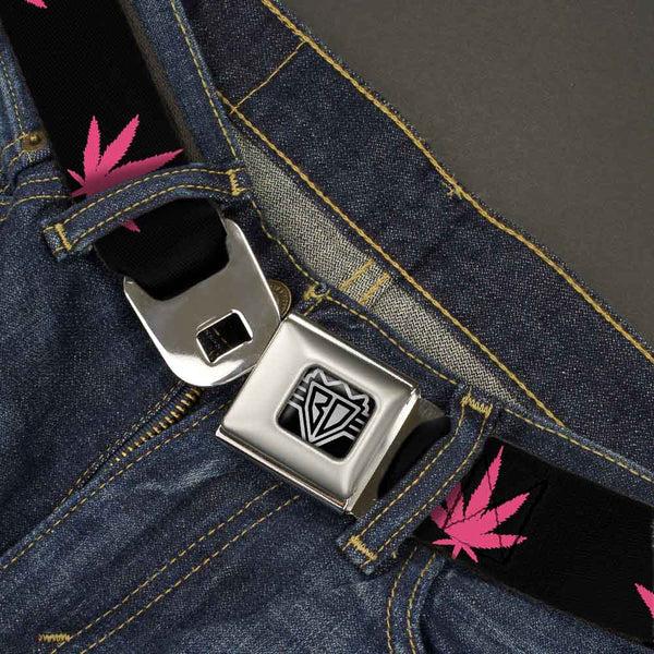 Buckle Down Seatbelt Belt - Marijuana Leaf Repeat Black/Pink