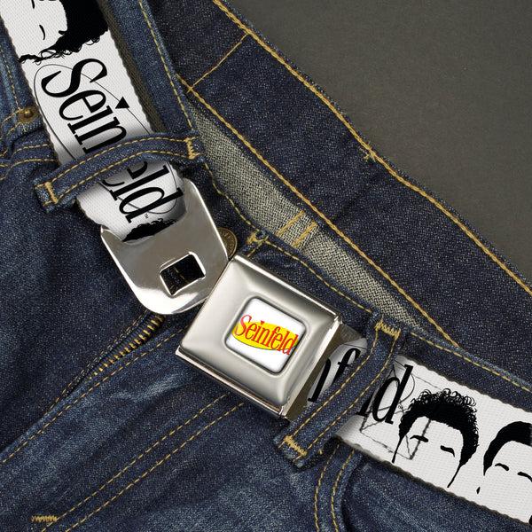 Buckle Down SEINFELD Spotlight Logo Full Color White/Yellow/Red Seatbelt Belt - SEINFELD Cast Face Silhouettes White/Black Webbing