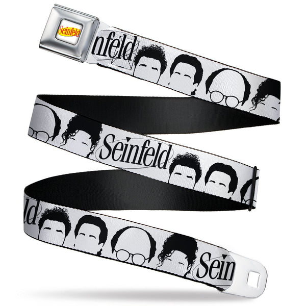 buckle down SEINFELD Spotlight Logo Full Color White/Yellow/Red Seatbelt Belt - SEINFELD Cast Face Silhouettes White/Black Webbing