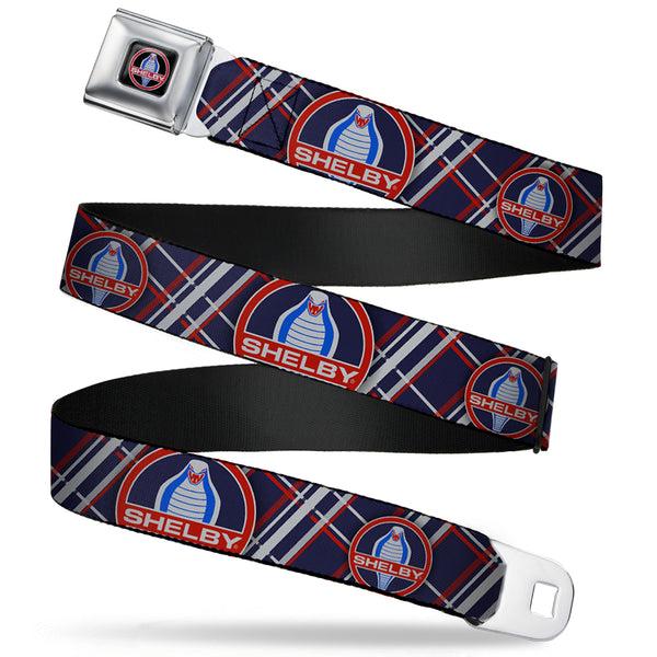 buckle down SHELBY Cobra Full Color Black Gray Red Blue Seatbelt Belt - SHELBY Cobra/Plaid X Navy/Gray/Red Webbing