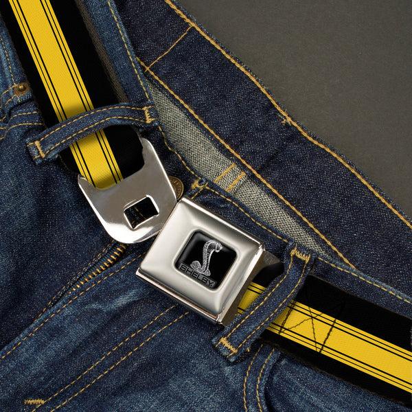 Buckle Down SHELBY Tiffany Box Full Color Black Silver-Fade Seatbelt Belt - SHELBY GT 500/Cobra Box Stripe Black/Yellow Webbing