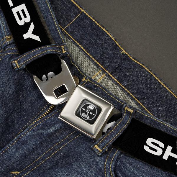 Buckle Down SHELBY Tiffany Split Full Color Black/White Seatbelt Belt - SHELBY Text Only Black/White Webbing