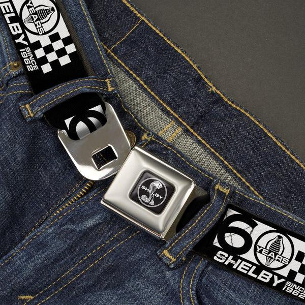 Buckle Down SHELBY Tiffany Split Full Color Black/White Seatbelt Belt - SHELBY 60 YEARS SINCE 1962 Checker Black/White Webbing