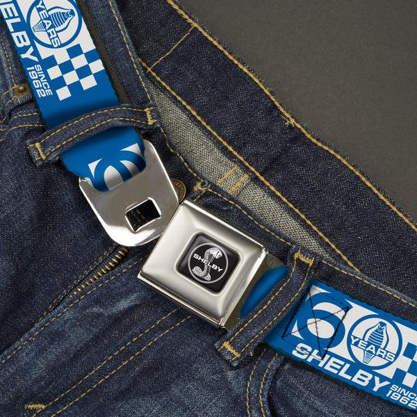 Buckle Down SHELBY Tiffany Split Full Color Black/White Seatbelt Belt - SHELBY 60 YEARS SINCE 1962 Checker Blue/White Webbing