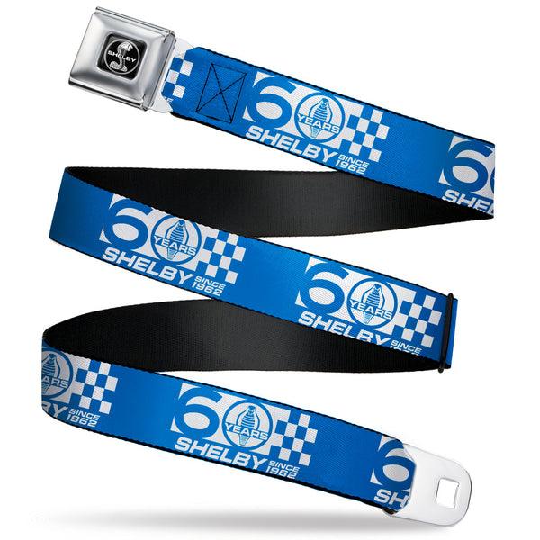 buckle down SHELBY Tiffany Split Full Color Black/White Seatbelt Belt - SHELBY 60 YEARS SINCE 1962 Checker Blue/White Webbing