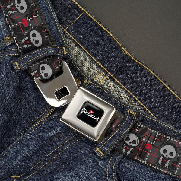 Buckle Down SKELANIMALS Title Logo Full Color Black/White/Red Seatbelt Belt - Skelanimals Five Animals And Face Logo Plaid Black/Red/White Webbing