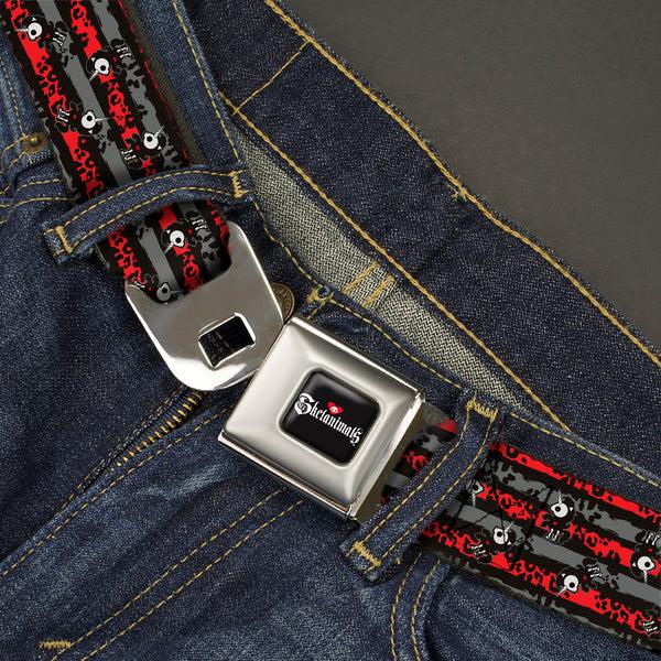 Buckle Down SKELANIMALS Title Logo Full Color Black/White/Red Seatbelt Belt - Skelanimals Bonita The Unicorn Poses Stripe Black/Red/Gray Webbing