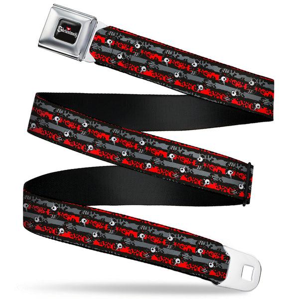 buckle down SKELANIMALS Title Logo Full Color Black/White/Red Seatbelt Belt - Skelanimals Bonita the Unicorn Poses Stripe Black/Red/Gray Webbing
