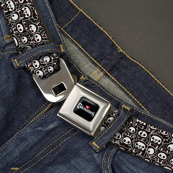 Buckle Down SKELANIMALS Title Logo Full Color Black/White/Red Seatbelt Belt - Skelanimals Animal Poses Stacked Black/White/Red Webbing