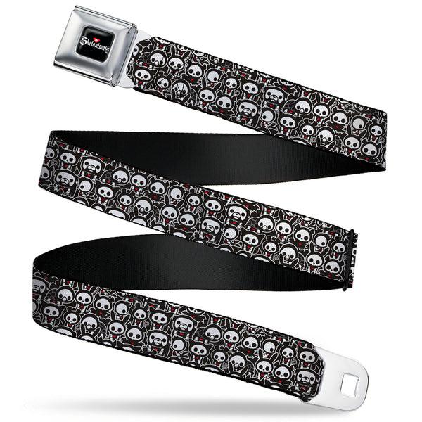 buckle down SKELANIMALS Title Logo Full Color Black/White/Red Seatbelt Belt - Skelanimals Animal Poses Stacked Black/White/Red Webbing