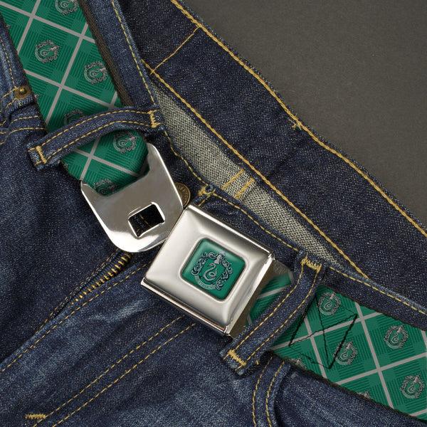 Buckle Down SLYTHERIN Crest Full Color Green Seatbelt Belt - Harry Potter Slytherin Crest Plaid Greens/Gray Webbing