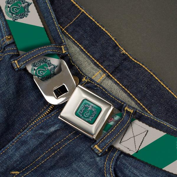 Buckle Down SLYTHERIN Crest Full Color Green Seatbelt Belt - SLYTHERIN Crest Diagonal Stripe Gray/Green Webbing