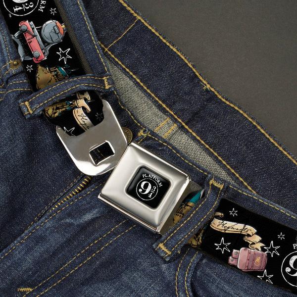 Buckle Down Slytherin Crest Full Color Seatbelt Belt - Harry Potter PLATFORM 9 3/4 Collage Black/White Webbing