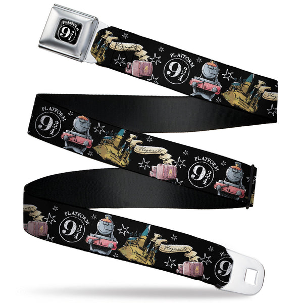 buckle down Slytherin Crest Full Color Seatbelt Belt - Harry Potter PLATFORM 9 3/4 Collage Black/White Webbing