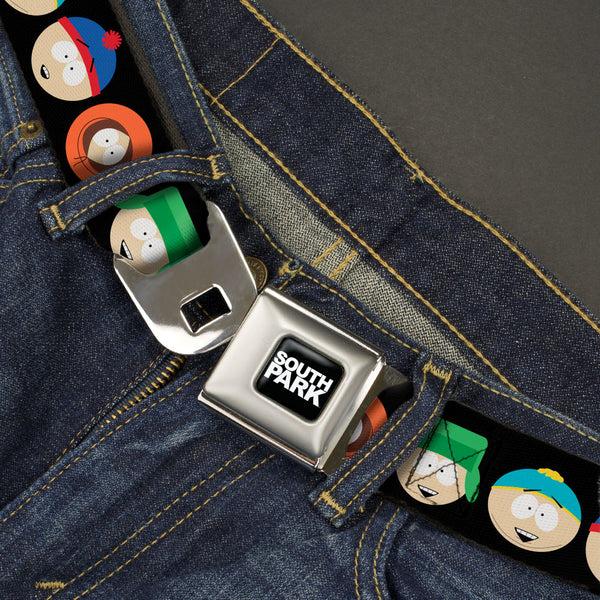 Buckle Down SOUTH PARK Title Logo Full Color Black/White Seatbelt Belt - South Park Boys Face Repeat Black Webbing