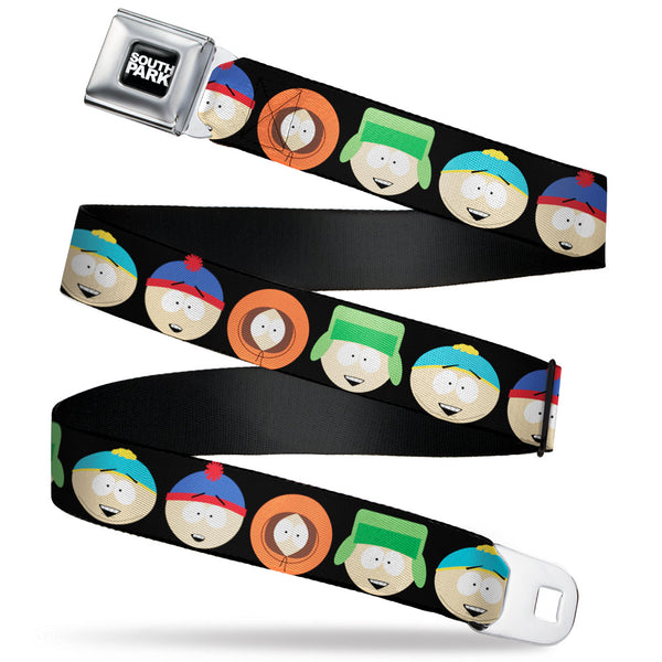 buckle down SOUTH PARK Title Logo Full Color Black/White Seatbelt Belt - South Park Boys Face Repeat Black Webbing