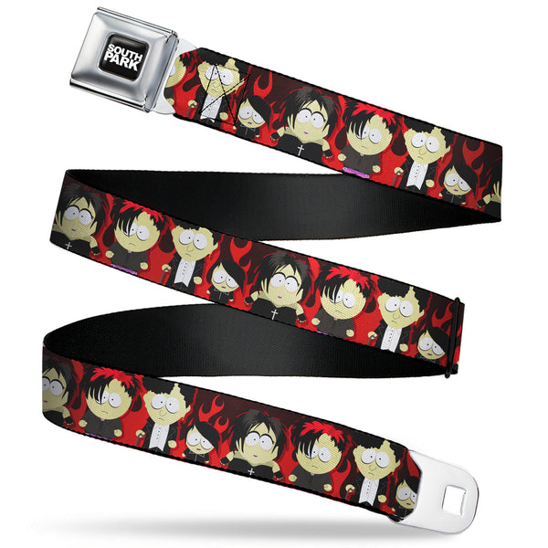 buckle down SOUTH PARK Title Logo Full Color Black/White Seatbelt Belt - South Park Goth Kids Poses Flame Reds Webbing