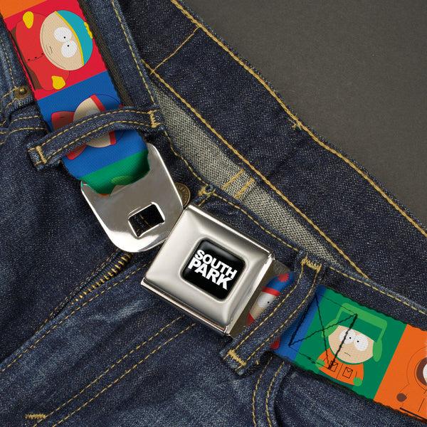Buckle Down SOUTH PARK Title Logo Full Color Black/White Seatbelt Belt - South Park Boys Pose Blocks Multi Color Webbing