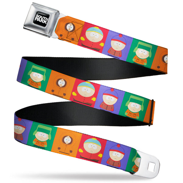 buckle down SOUTH PARK Title Logo Full Color Black/White Seatbelt Belt - South Park Boys Pose Blocks Multi Color Webbing