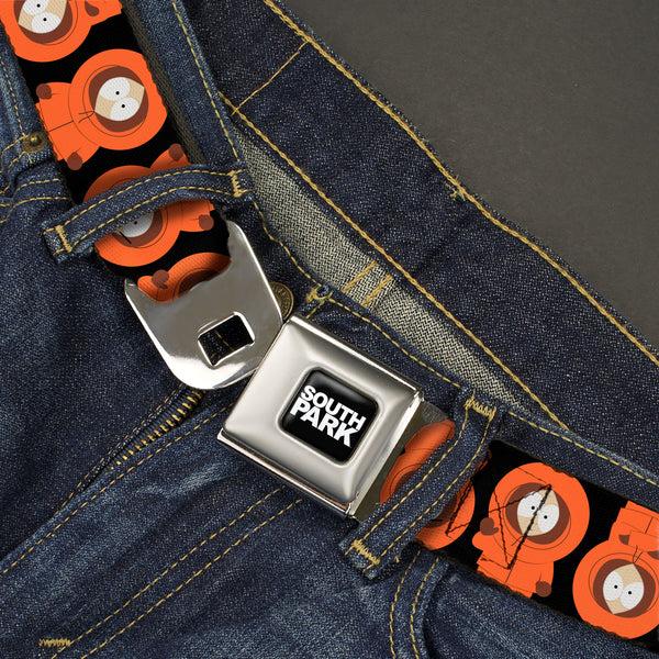 Buckle Down SOUTH PARK Title Logo Full Color Black/White Seatbelt Belt - South Park Kenny Flip Poses Black Webbing