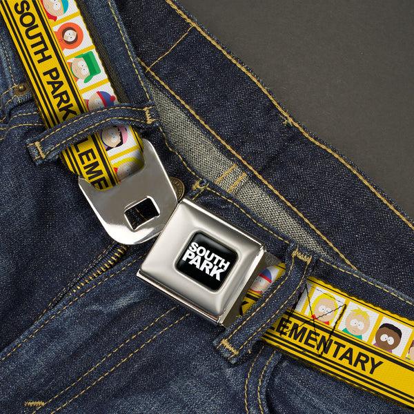 Buckle Down SOUTH PARK Title Logo Full Color Black/White Seatbelt Belt - SOUTH PARK ELEMENTARY School Bus Characters Pose Yellow Webbing