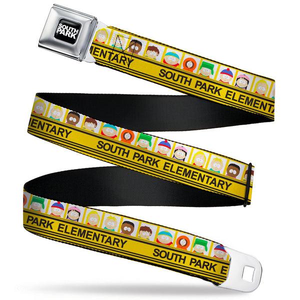 buckle down SOUTH PARK Title Logo Full Color Black/White Seatbelt Belt - SOUTH PARK ELEMENTARY School Bus Characters Pose Yellow Webbing