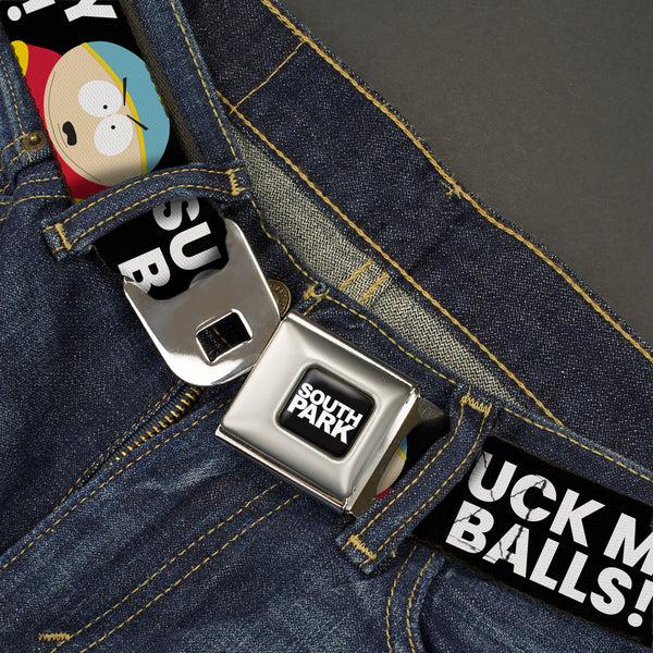 Buckle Down SOUTH PARK Title Logo Full Color Black/White Seatbelt Belt - South Park Cartman SUCK MY BALLS Pose Black/White Webbing