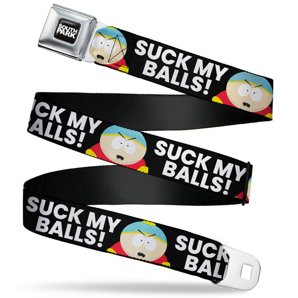 buckle down SOUTH PARK Title Logo Full Color Black/White Seatbelt Belt - South Park Cartman SUCK MY BALLS Pose Black/White Webbing