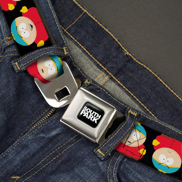 Buckle Down SOUTH PARK Title Logo Full Color Black/White Seatbelt Belt - South Park Cartman Flip Poses Black Webbing