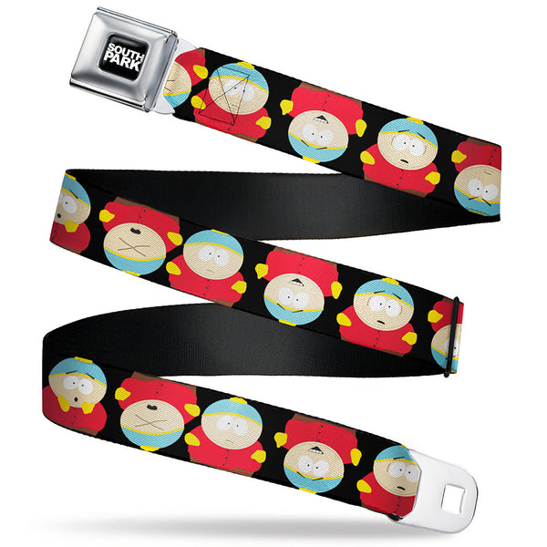 buckle down SOUTH PARK Title Logo Full Color Black/White Seatbelt Belt - South Park Cartman Flip Poses Black Webbing