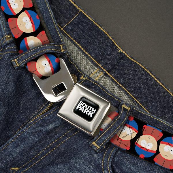 Buckle Down SOUTH PARK Title Logo Full Color Black/White Seatbelt Belt - South Park Stan Flip Poses Black Webbing