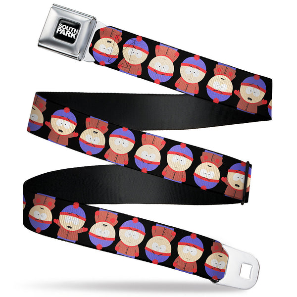 buckle down SOUTH PARK Title Logo Full Color Black/White Seatbelt Belt - South Park Stan Flip Poses Black Webbing