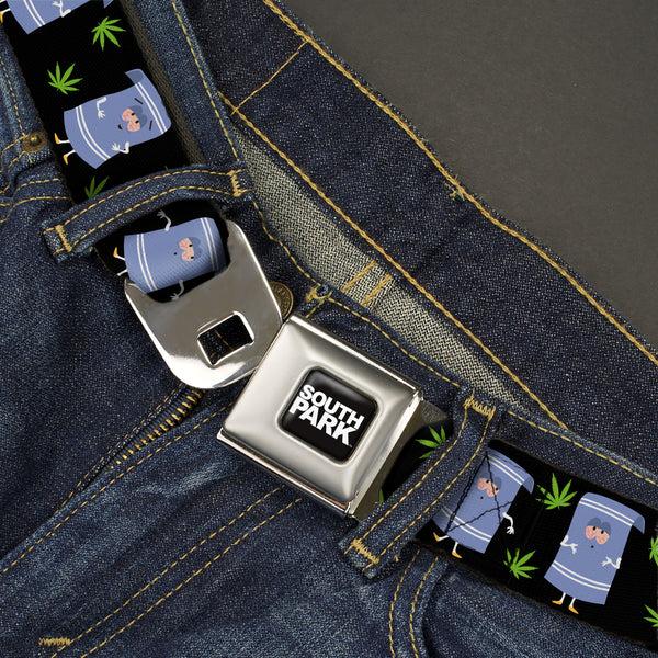 Buckle Down SOUTH PARK Title Logo Full Color Black/White Seatbelt Belt - South Park Towlie And Scattered Pot Leaves Black Webbing