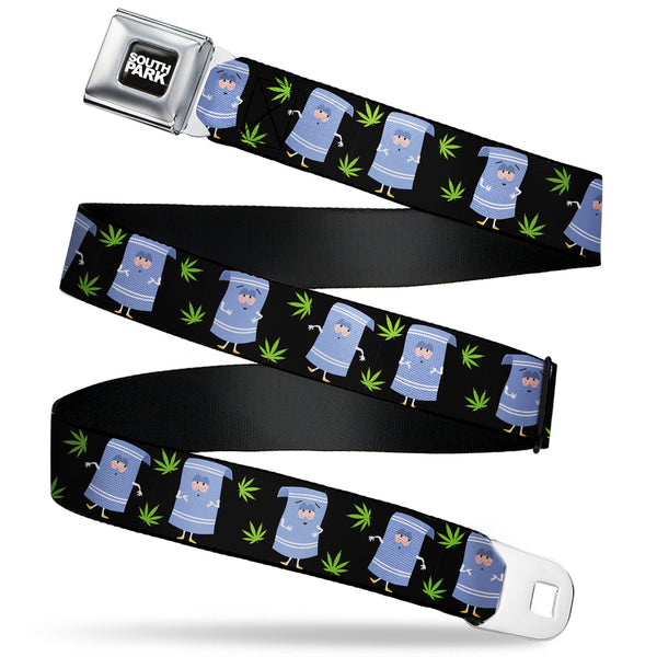 buckle down SOUTH PARK Title Logo Full Color Black/White Seatbelt Belt - South Park Towlie and Scattered Pot Leaves Black Webbing