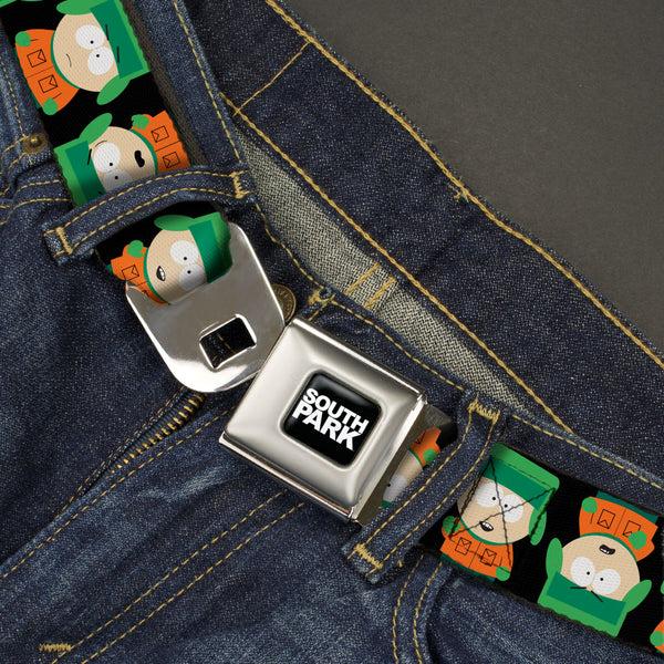 Buckle Down SOUTH PARK Title Logo Full Color Black/White Seatbelt Belt - South Park Kyle Flip Poses Black Webbing