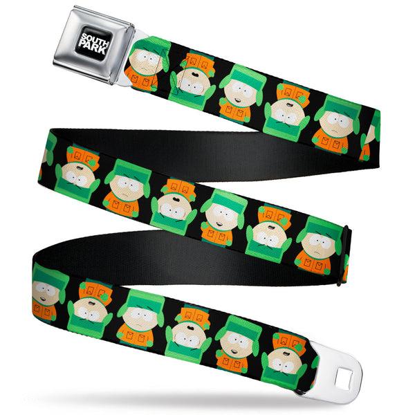 buckle down SOUTH PARK Title Logo Full Color Black/White Seatbelt Belt - South Park Kyle Flip Poses Black Webbing