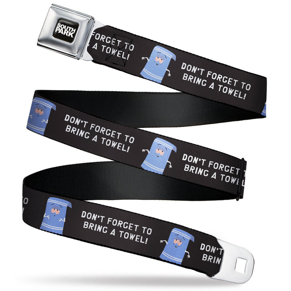 buckle down SOUTH PARK Title Logo Full Color Black/White Seatbelt Belt - South Park Towlie DON’T FORGET TO BRING A TOWEL Pose Black Webbing