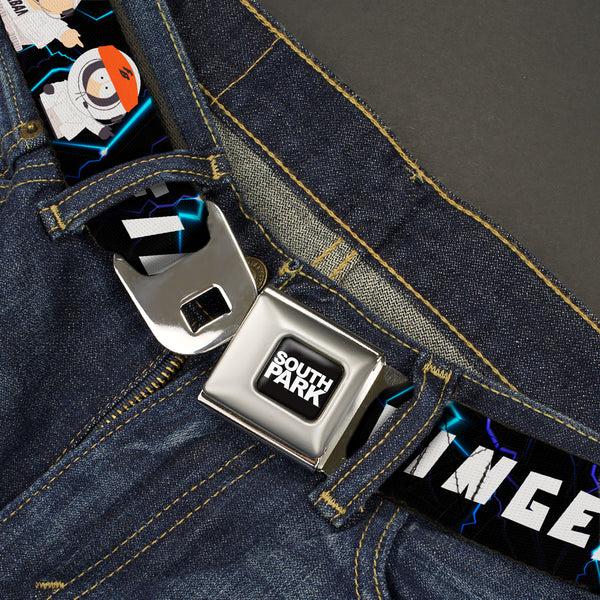 Buckle Down SOUTH PARK Title Logo Full Color Black/White Seatbelt Belt - South Park Boy Band FINGERBANG Lightning Pose Black Webbing