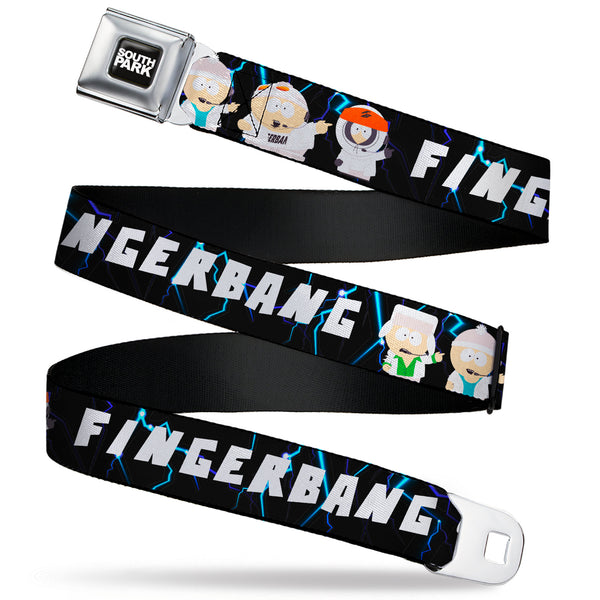 buckle down SOUTH PARK Title Logo Full Color Black/White Seatbelt Belt - South Park Boy Band FINGERBANG Lightning Pose Black Webbing