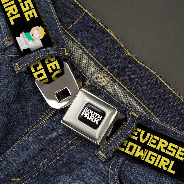 Buckle Down SOUTH PARK Title Logo Full Color Black/White Seatbelt Belt - South Park Butters REVERSE COWGIRL Toilet Pose Black/Yellow Webbing