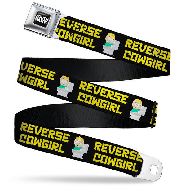 buckle down SOUTH PARK Title Logo Full Color Black/White Seatbelt Belt - South Park Butters REVERSE COWGIRL Toilet Pose Black/Yellow Webbing