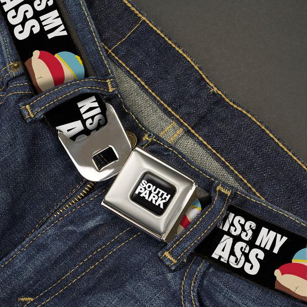 Buckle Down SOUTH PARK Title Logo Full Color Black/White Seatbelt Belt - South Park Cartman Pants KISS MY ASS Pose Black/White Webbing