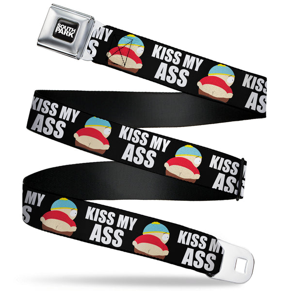 buckle down SOUTH PARK Title Logo Full Color Black/White Seatbelt Belt - South Park Cartman Pants KISS MY ASS Pose Black/White Webbing