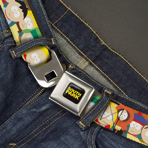 Buckle Down SOUTH PARK Title Logo Full Color Black/Yellow Seatbelt Belt - South Park School Kids Faces Stacked Webbing