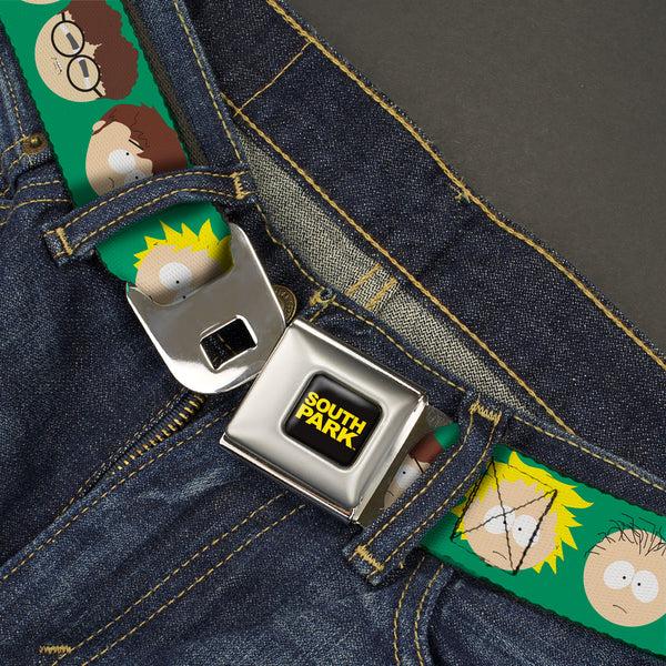 Buckle Down SOUTH PARK Title Logo Full Color Black/Yellow Seatbelt Belt - South Park Kids Faces Green Webbing